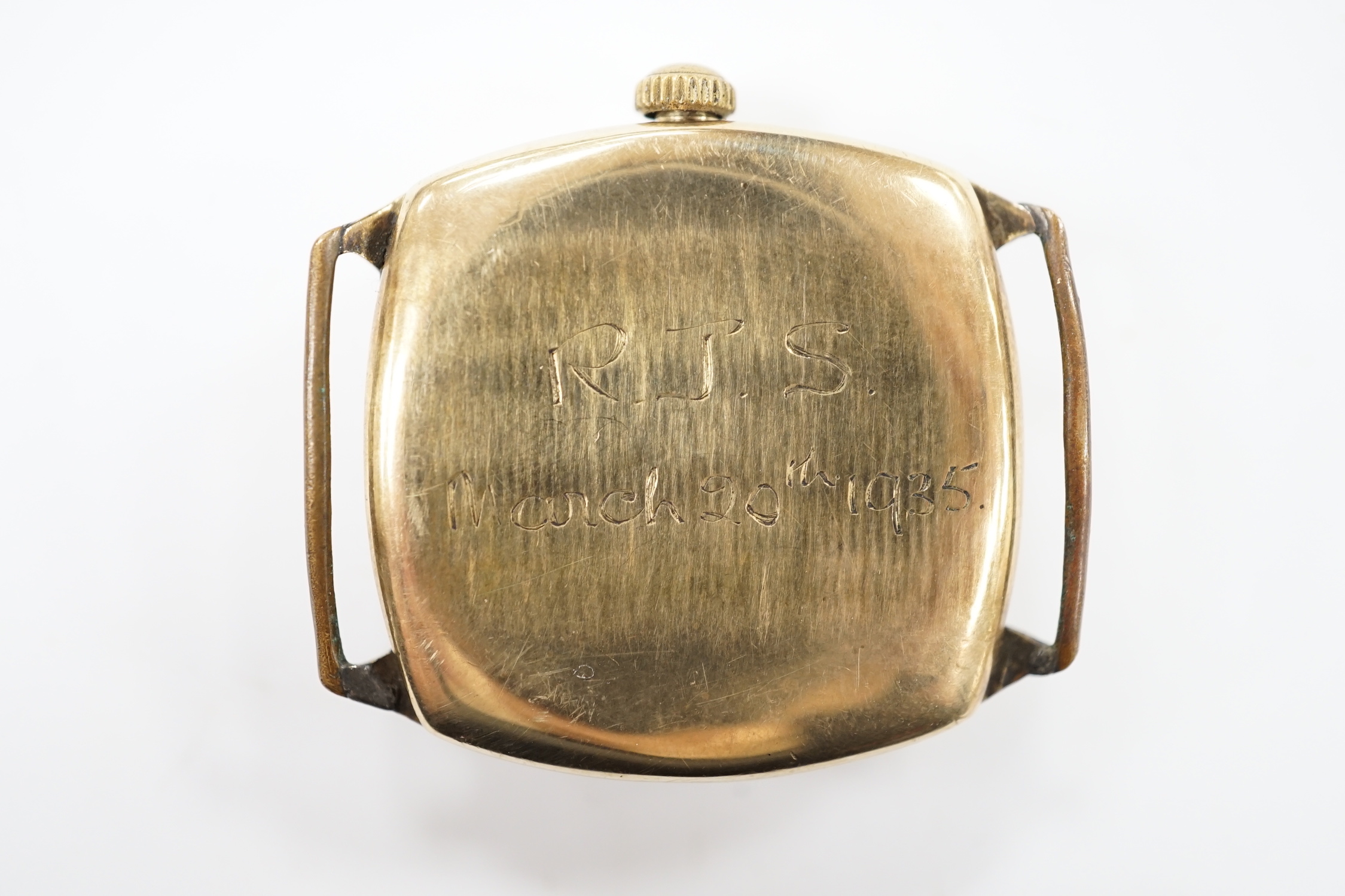 A gentleman's 1930's 9ct gold Longines manual wind wrist watch, with Roman dial, subsidiary seconds and case back inscription, no strap.